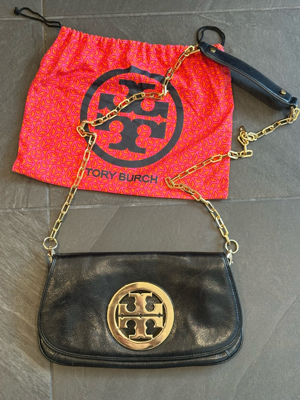 Tory Burch Black Leather Crossbody with Gold Logo Chain